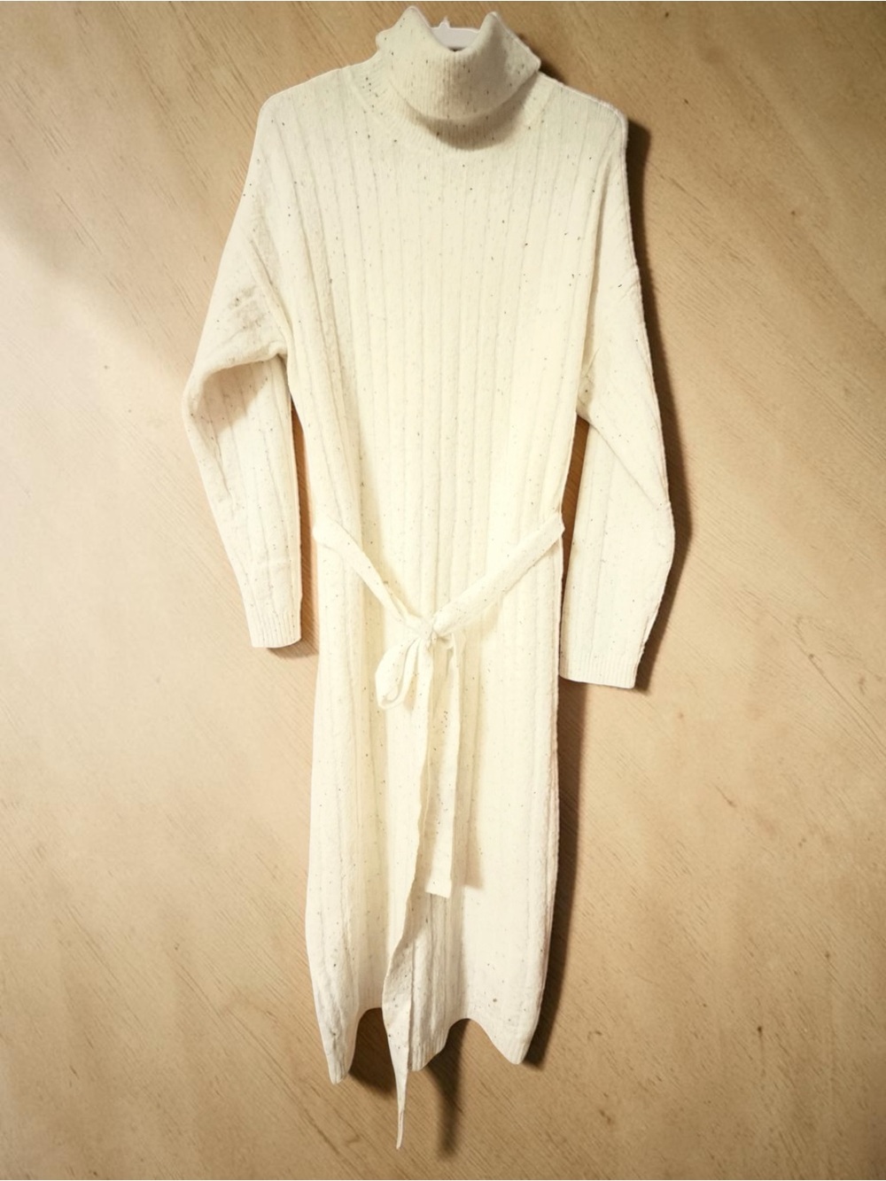 Lulus Cream Speckled Sweater Maxi Dress Turtleneck Belted Ribbed Knit Size Large